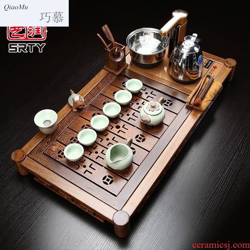 Qiao mu chicken wings wood tea set suit household purple high - grade kung fu tea set solid wood tea tray induction cooker