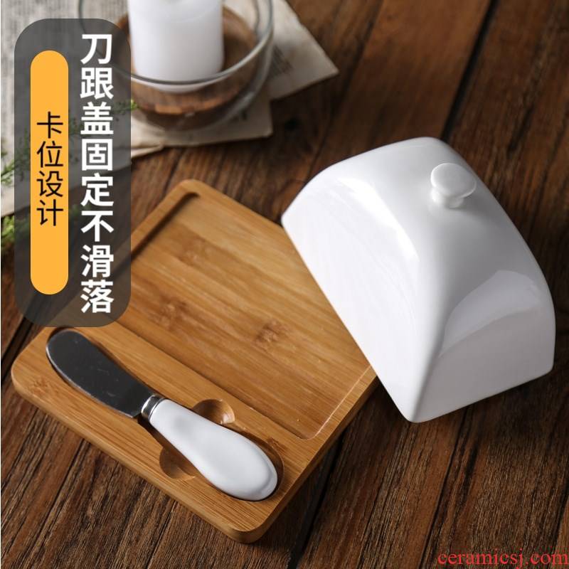 Porcelain wooden house new ceramic butter dish cheese box butter dish with the butter knife suit cake dessert with cover