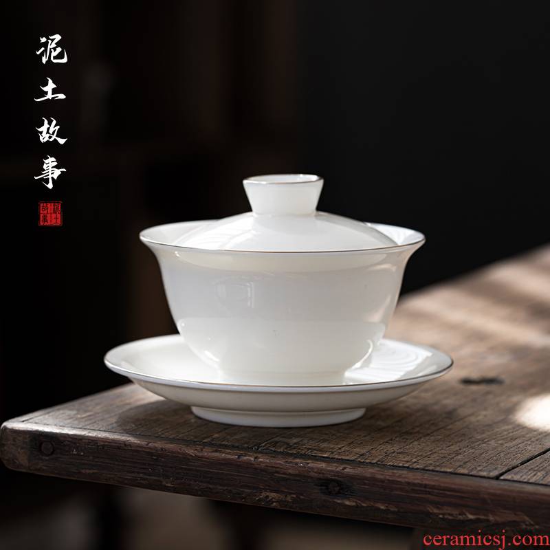 Suet jade tureen tea cups dehua white porcelain bowl with cover three only a single large kung fu tea set