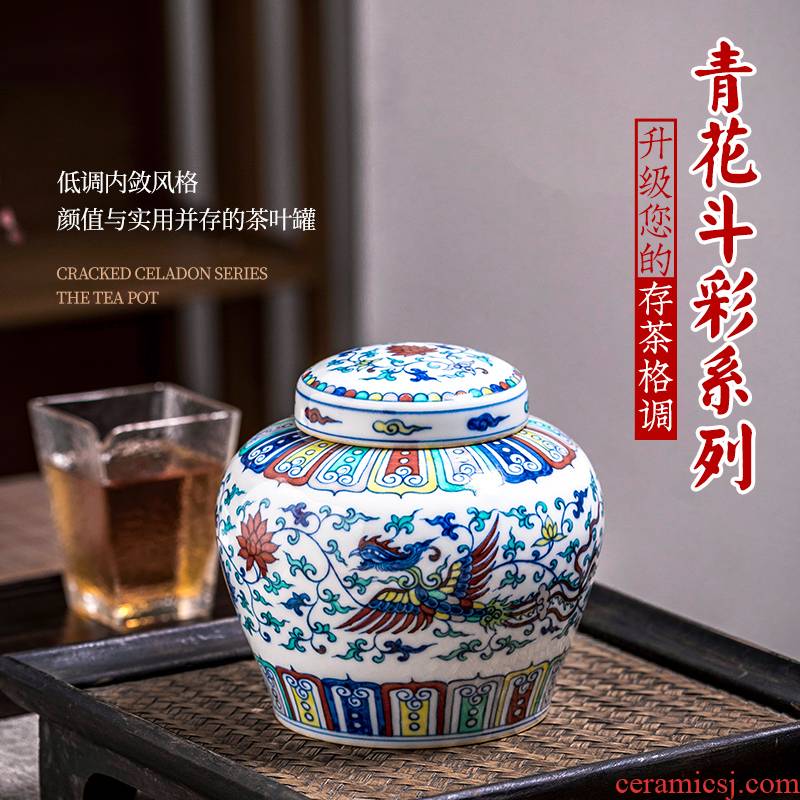 Jingdezhen ceramic color bucket hand - made of blue and white porcelain high - end pu 'er tea pot archaize storage tank is sealed with cover household