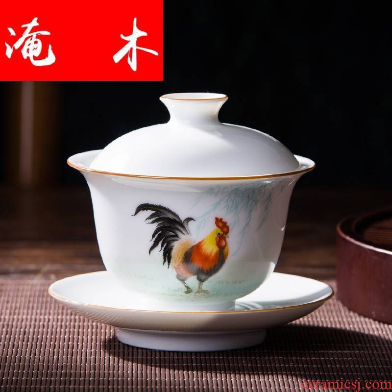 Submerged wood jingdezhen pure manual painting enamel rooster three tureen only chicken cylinder small kung fu tea set high white glazed porcelain cups