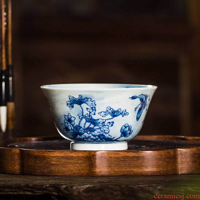 The Owl up jingdezhen blue and white archaize ceramic maintain tea master of kung fu tea lotus butterfly cup drawing