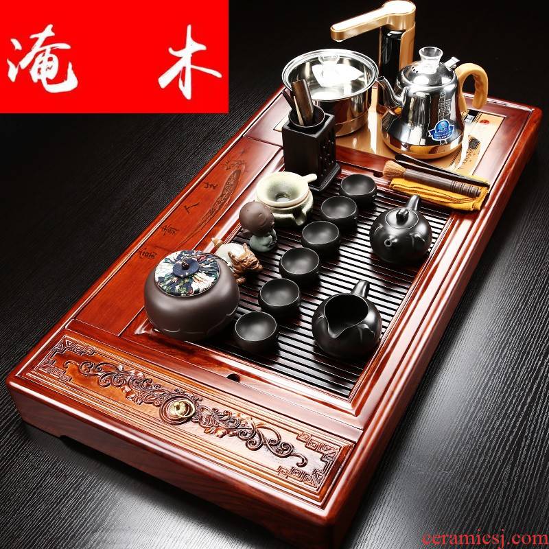 Flooded wooden household hua limu tea tray was purple sand pottery and porcelain of a complete set of kung fu tea cup set automatic water induction cooker