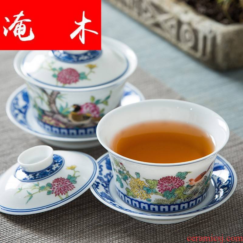 Submerged wood jingdezhen high hand - made powder enamel only three bowl of tureen household kung fu tea set ceramic tea bowl can be