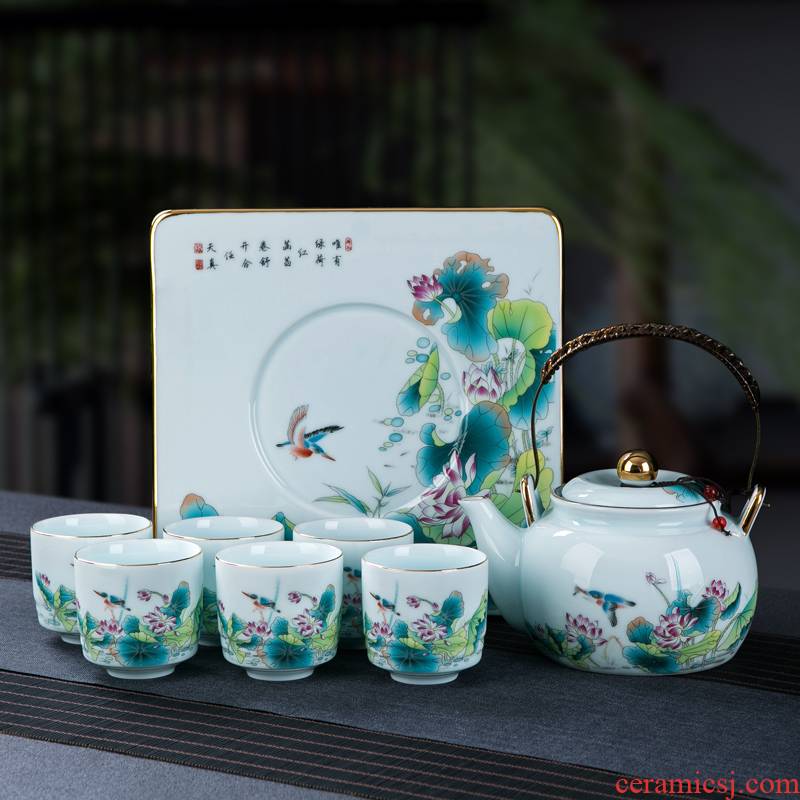Jingdezhen kung fu tea set home sitting room retro large ceramic cups tea tray girder teapot