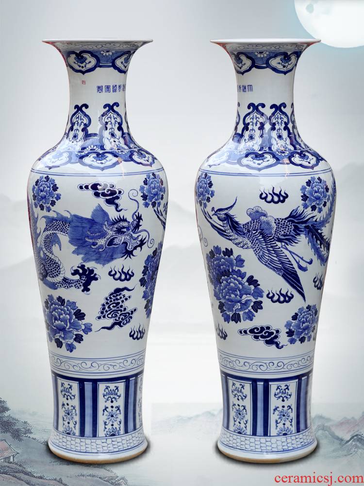 Jingdezhen ceramic hand - made archaize longfeng landing place to live in the sitting room is big of blue and white porcelain vase opening gifts