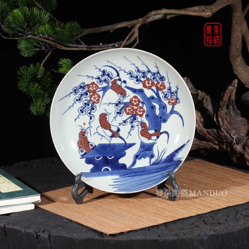 Jingdezhen imitation kangxi hand draw their 27 cm beaming decoration decorative porcelain dish hand - made QingHuaPan