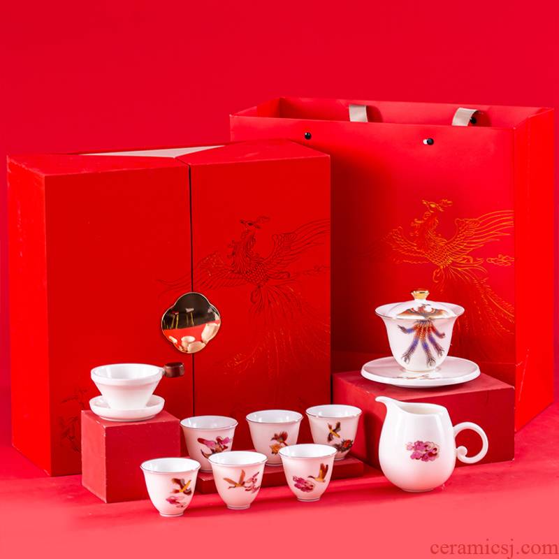 Dehua suet jade white porcelain cup high - grade kung fu tea set suit visitor home office tea tureen gift box