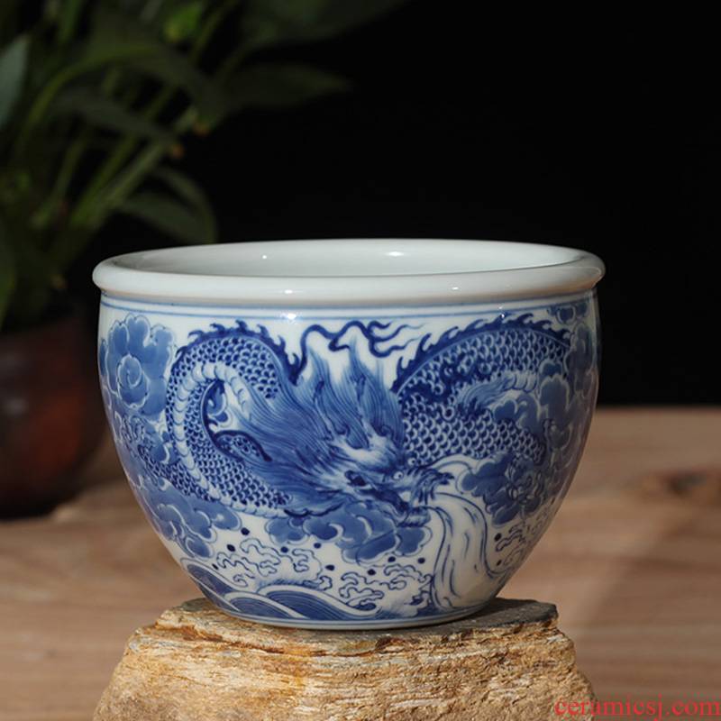Jingdezhen blue and white dragon grain ceramic cylinder manually garden display aquarium the flat blue cylinder display that occupy the home furnishing articles