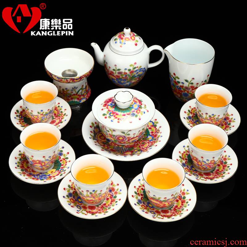 Recreational product ceramic butterfly flower tureen tea set colored enamel teapot teacup tea bowl of blue and white porcelain tea set