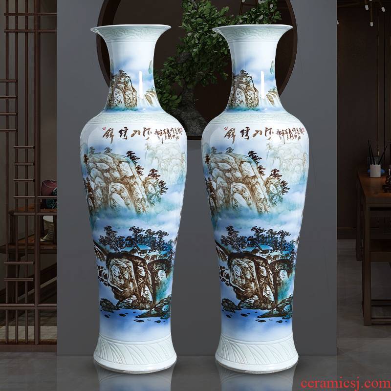 Hand - made ground landscape big vase of blue and white porcelain of jingdezhen ceramics home sitting room decoration to the hotel opening furnishing articles