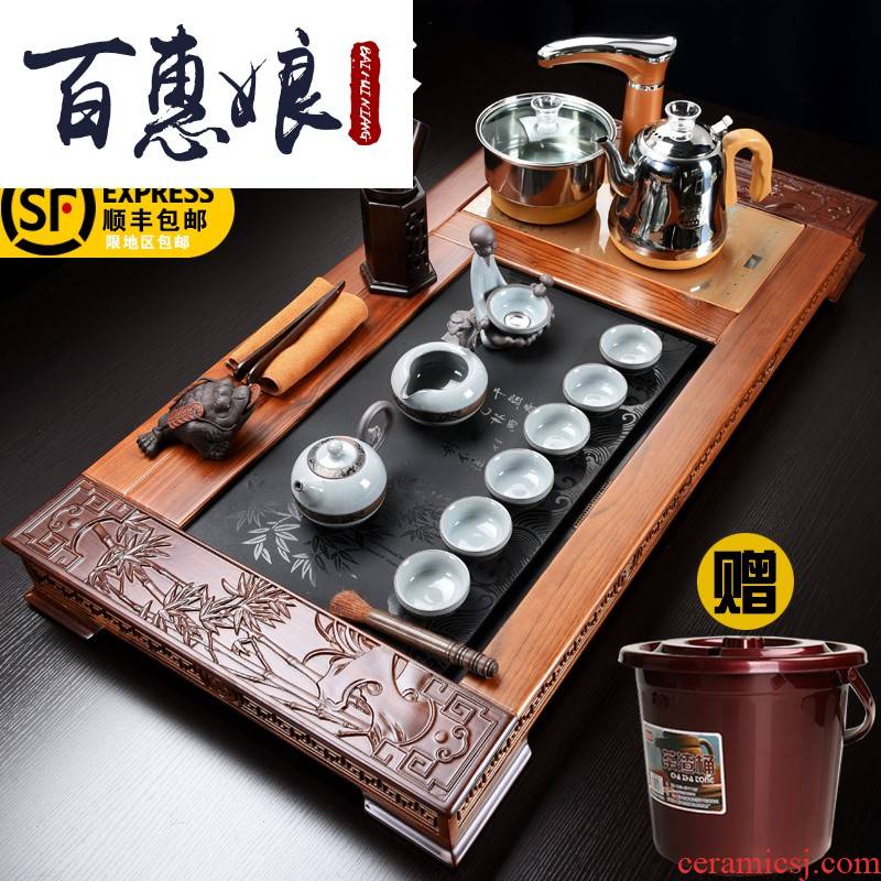 (niang automatic violet arenaceous kung fu tea set contracted household solid wood tea tray tea tea tea taking