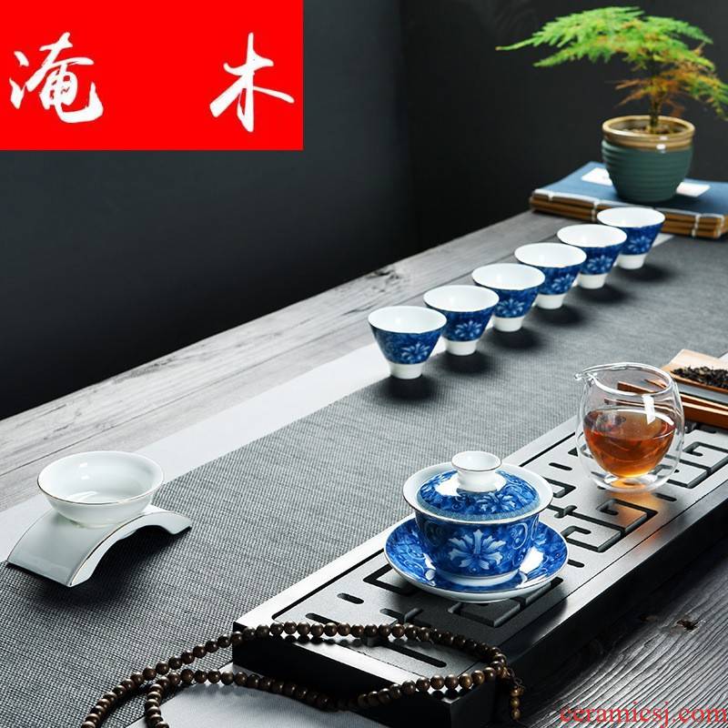 Submerged wood, paper flowers, jingdezhen ceramic blue color of a complete set of tea sets the see colour tureen kung fu tea set gift set