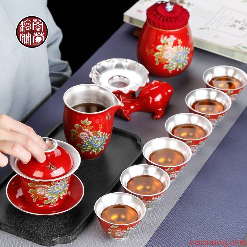 Chinese red porcelain peony kung fu tea set red wedding festival ceramic ji red coppering. As silver wedding gift packages