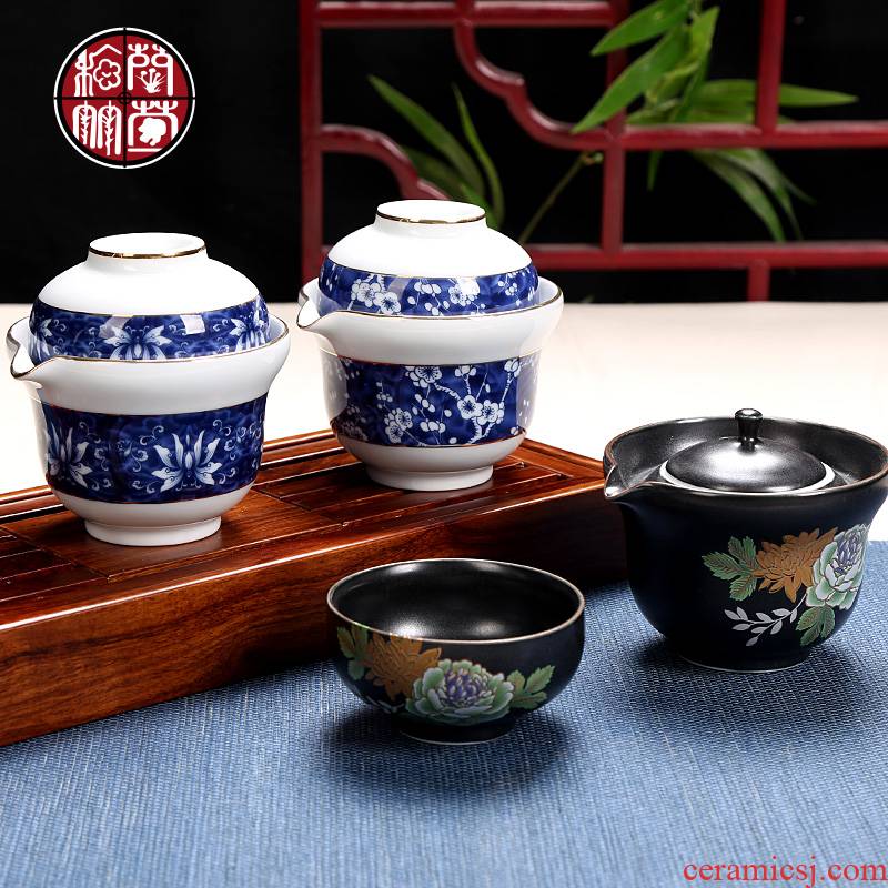 A pot of A single crack of blue and white porcelain cup travel ceramic Japanese simple portable kung fu tea set the whole outfit