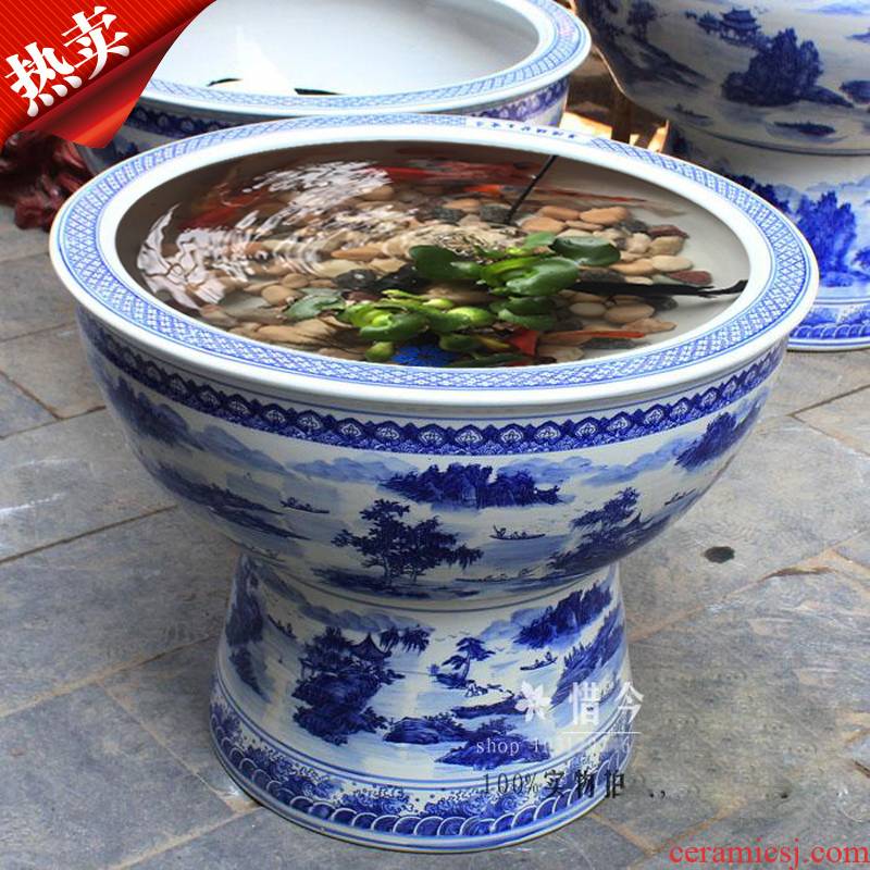 Heavy aquarium fish basin ground blue jingdezhen ceramic cylinder vertical is suing large lotus garden water lily