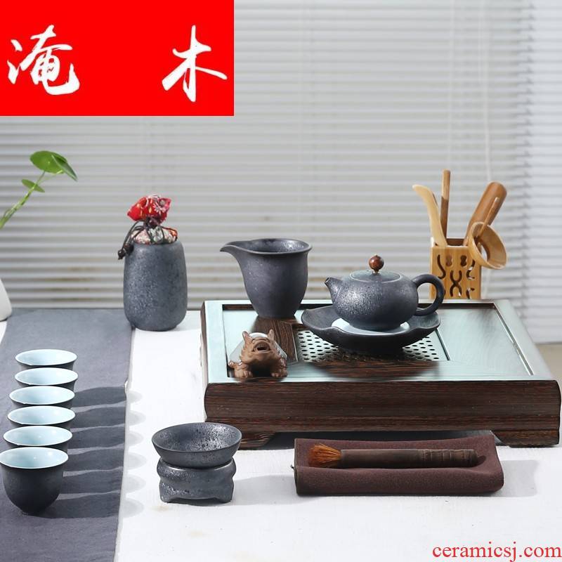 Flooded bamboo four chicken wings wood) ceramic tea set tea tray tea rust glaze of a complete set of kung fu tea set