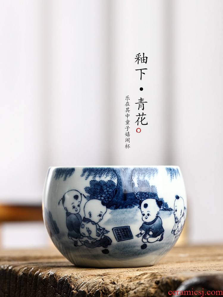 Pure manual jingdezhen blue and white tea master cup single CPU hand - drawn characters kung fu tea cups a single bowl sample tea cup