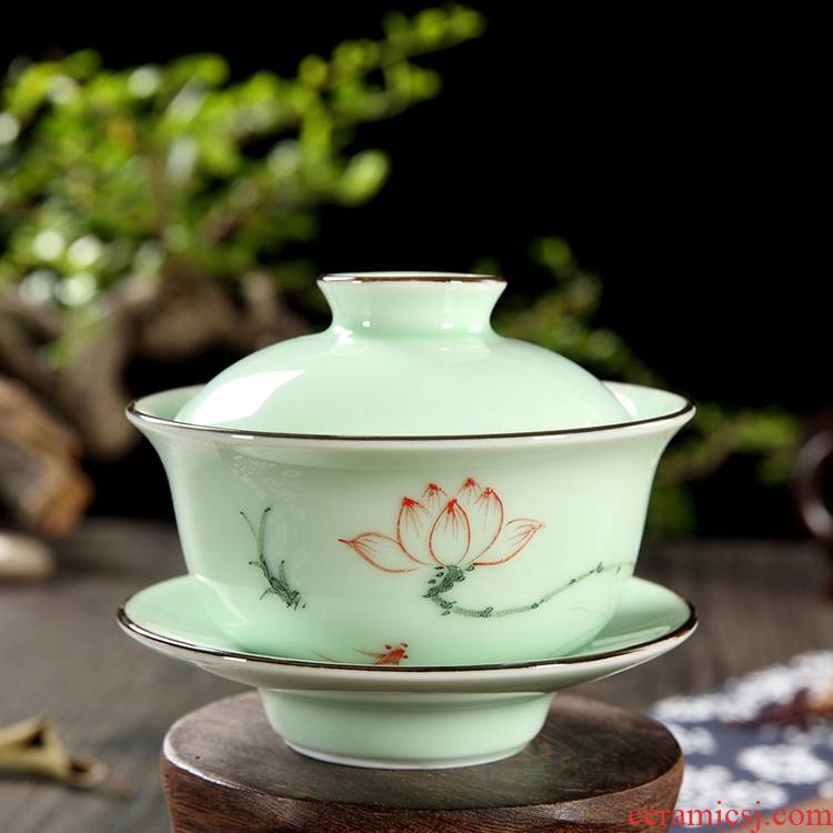 Qiao mu QGZ household kung fu tea set ceramic longquan celadon hand - made tureen tea cup bowl bowl three cups