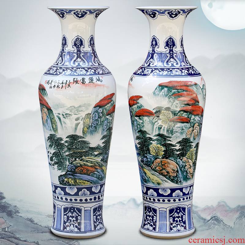 Jingdezhen ceramic hand - made luck sitting room of large vase household study landscape painting place adorn article