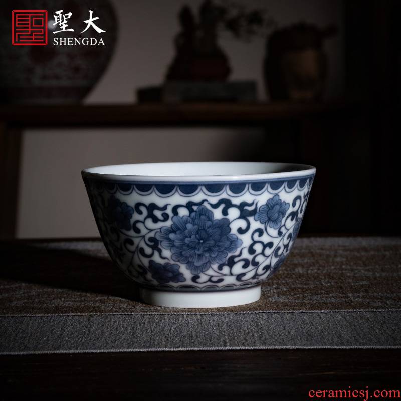 Holy big ceramic kung fu tea cup pure manual hand - made jingdezhen blue and white Wan Shouteng masters cup tea tea cups