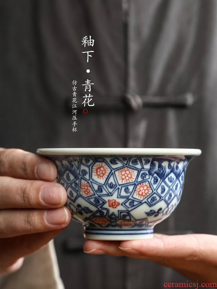 Pure manual jingdezhen blue and white master kung fu tea cup single CPU hand - made ceramic sample tea cup cup men 's single pressure hand