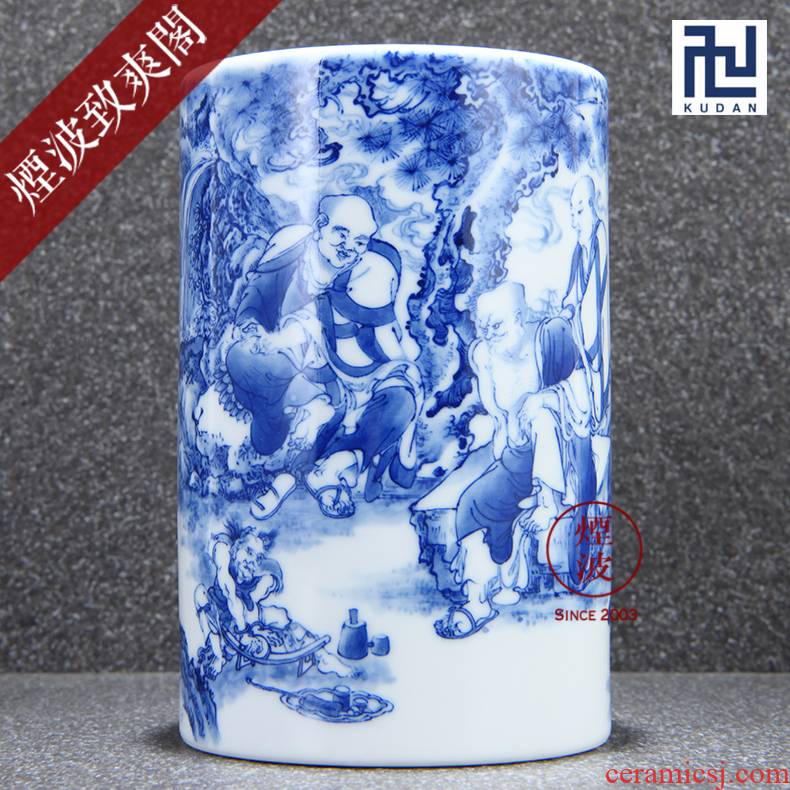 Those jingdezhen nine calcinations nine sections of the ocean 's admirable green glaze hand - made of blue and white porcelain brush pot tea tin