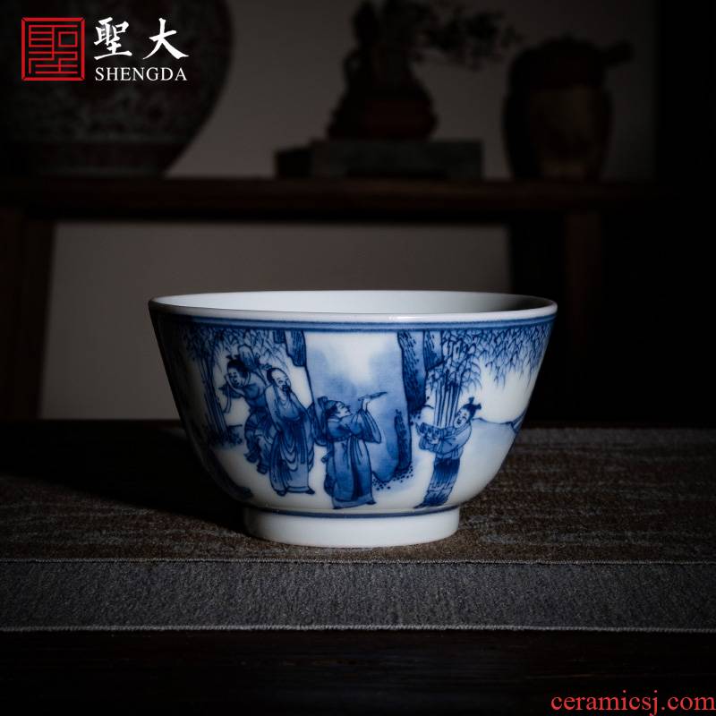 Holy big ceramic kung fu tea cups jingdezhen blue and white "seven sages and poly real" pure manual hand - made master cup sample tea cup