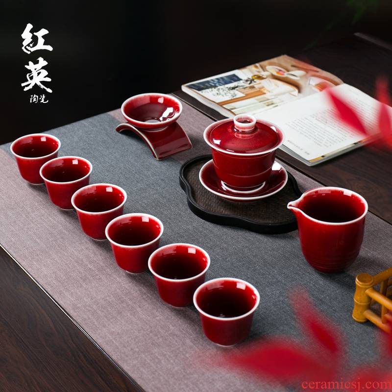 Jingdezhen ruby red tea sets suit home sitting room ceramic tureen Chinese kung fu tea light much tea cups