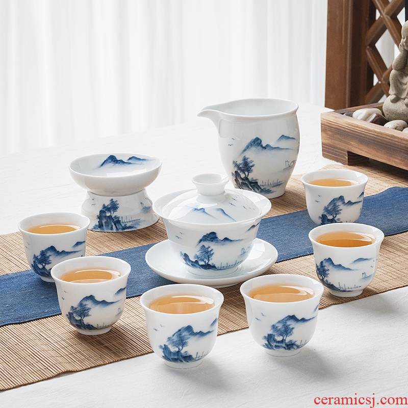 Jingdezhen ceramic hand - made kung fu tea set of blue and white porcelain household tureen tea cups white porcelain small set of living room