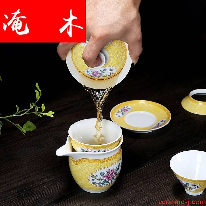 Flooded wooden pick flowers tureen large white porcelain of jingdezhen ceramics pastel colored enamel three bowl kung fu tea set