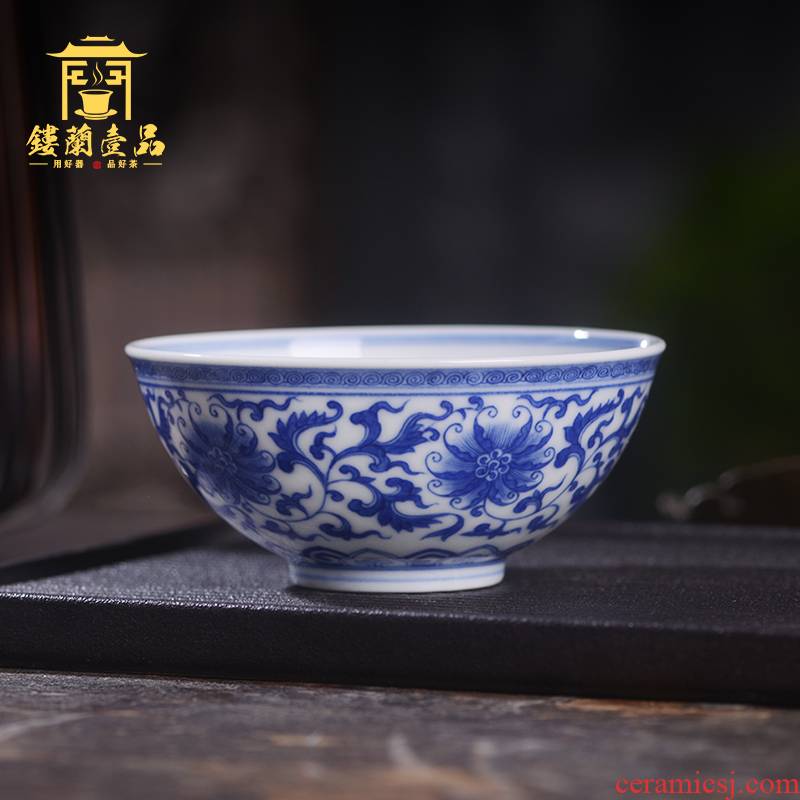 Art home benevolence blue tie up all hand - made single branch lotus masters cup of jingdezhen ceramics cup kung fu tea set personal tea cup