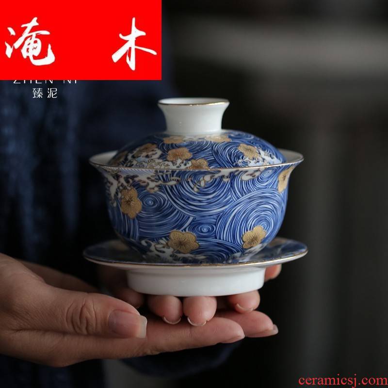 Submerged wood jingdezhen three to bowl of blue and white porcelain enamel tureen checking enamel household kung fu tea worship