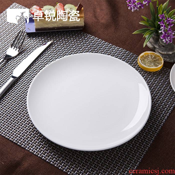Pure white meat dishes western food steak plate household hotel flat dish plate round ceramic hotel shallow white porcelain