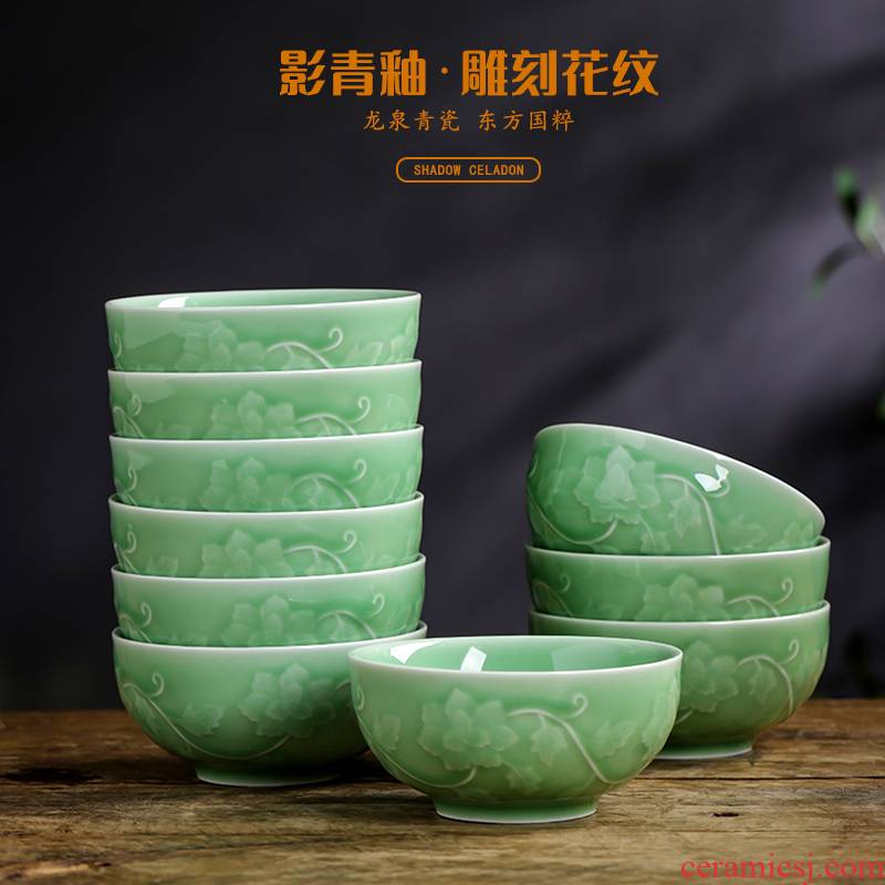 Shadow green ceramics engraving peony bowl of new Chinese style household rice bowls single box set ceramic bowl