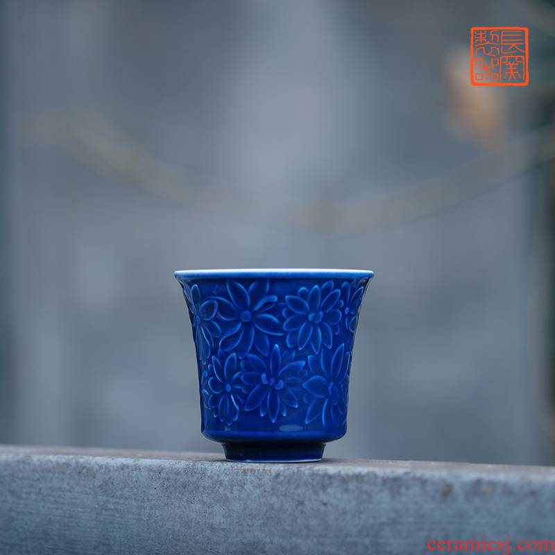 Offered home - cooked ju long up is the blue hand - cut glass jingdezhen manual archaize ceramic tea cups