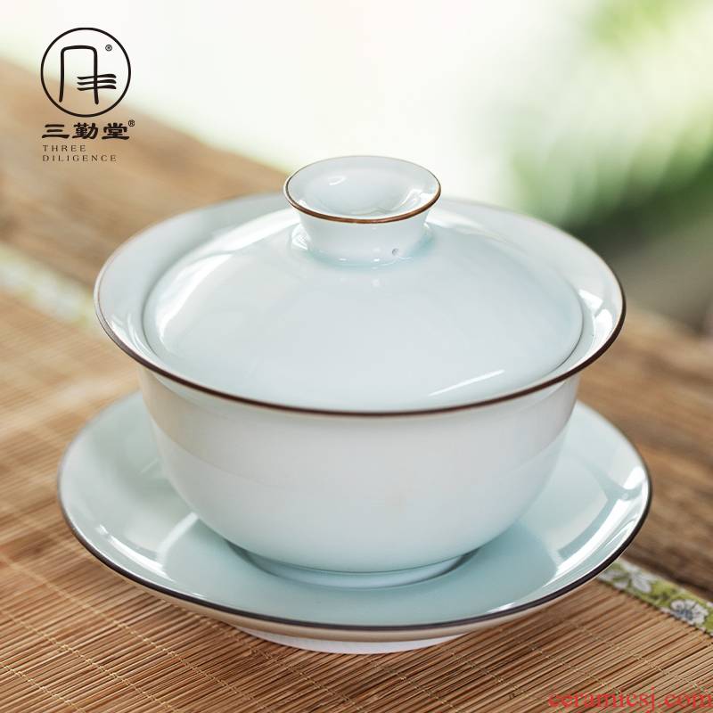 The three frequently shadow green sweet white glaze tureen jingdezhen kung fu tea set three cups to bowl of tea ware bowl S11019