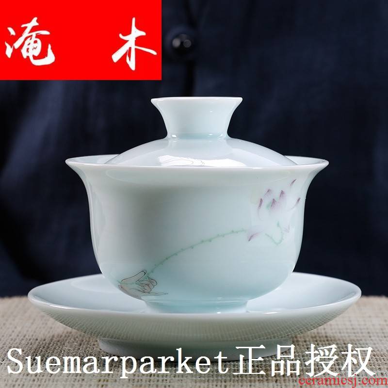 Submerged wood high - grade jade porcelain tureen large cups manual only three bowl of jingdezhen ceramic kung fu tea powder enamel mercifully