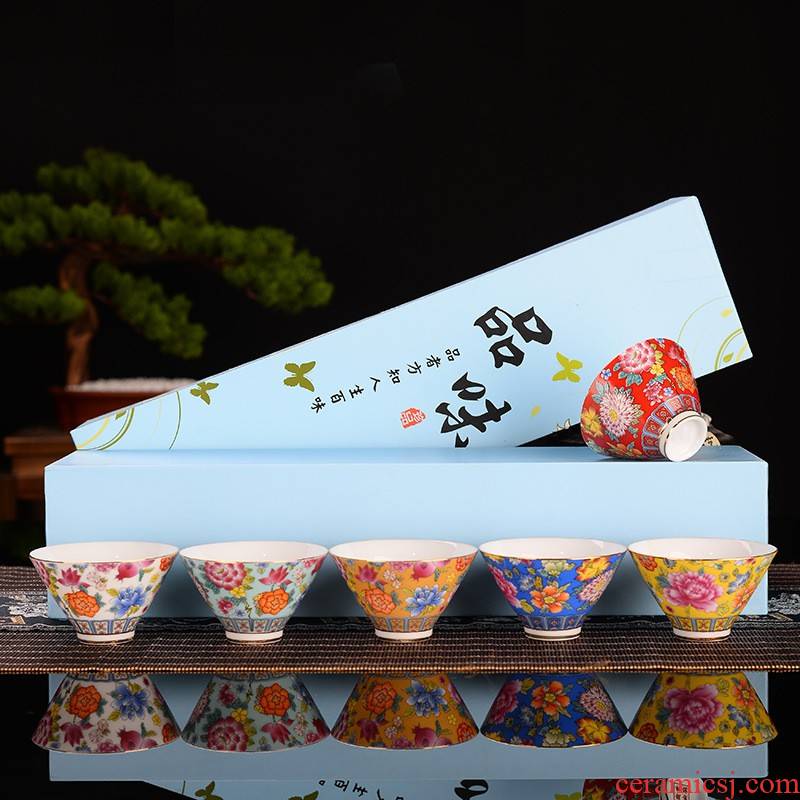 Hui shi gift boxes colored enamel porcelain teacup master cup single cup big sample tea cup tea bowl, kung fu tea set