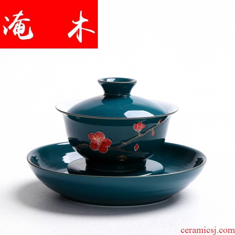 Flooded wood hand - made enamel paint ceramic tureen only three bowl to use hand grasp JingDe tea cup tea bowl