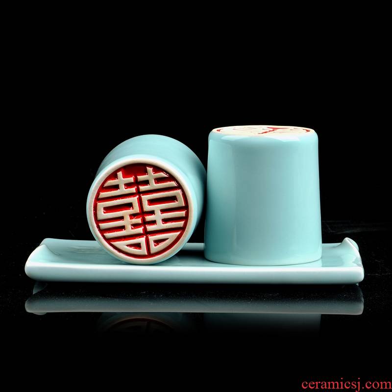 Qiao mu QYX set longquan celadon wedding gift hand - carved pedestal glass tea two cups of tea