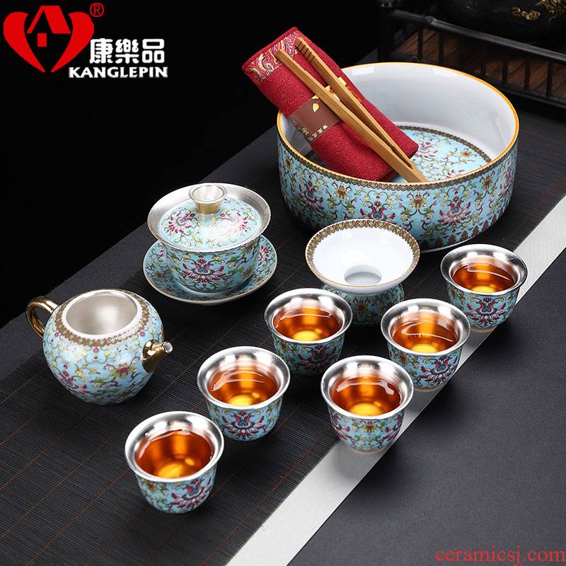 Recreational product silver clasp porcelain kung fu tea set colored enamel GaiWanCha wash as the bearing of a complete set of Chinese style household ceramics
