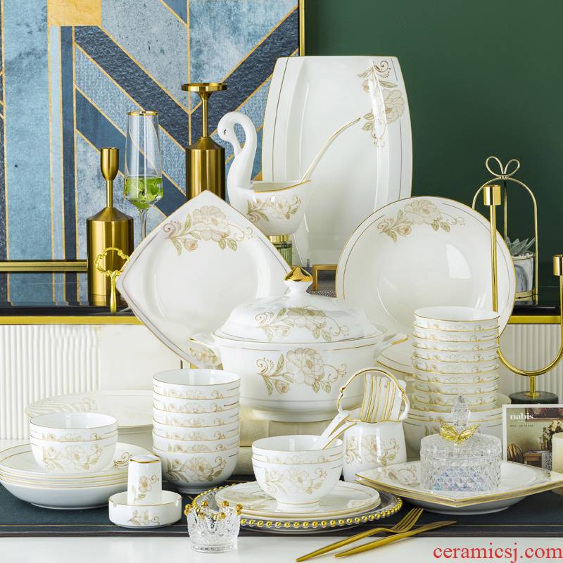 Dishes suit household light key-2 luxury Nordic high - grade ipads China jingdezhen ceramic tableware up phnom penh version into a gift box