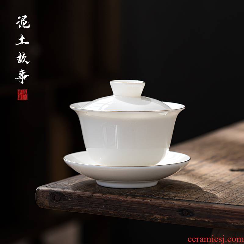 Dehua white porcelain tureen pure manual suet jade three cups to bowl of kung fu tea set a single large pure white tea bowl