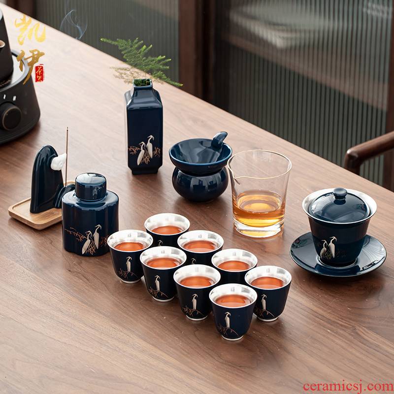 Bai Luliu silver kung fu tea set jingdezhen ceramic tea ji blue suit household ceramics office gift boxes