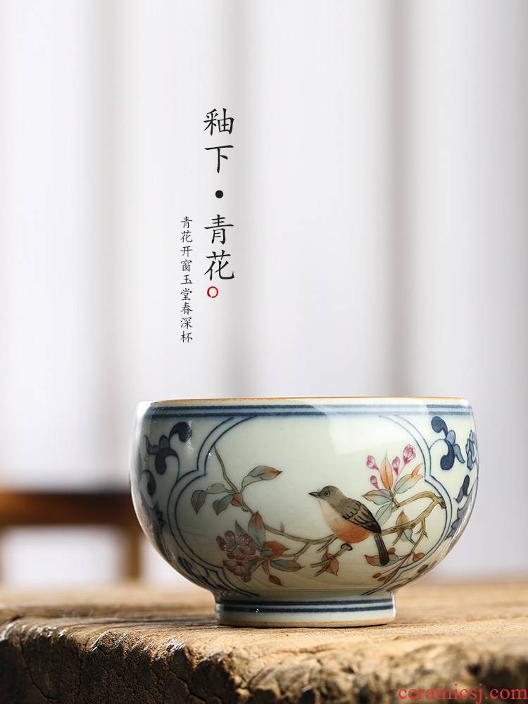 Pure manual jingdezhen blue and white master cup single CPU hand - made painting of flowers and kung fu tea sample tea cup single ceramic tea set