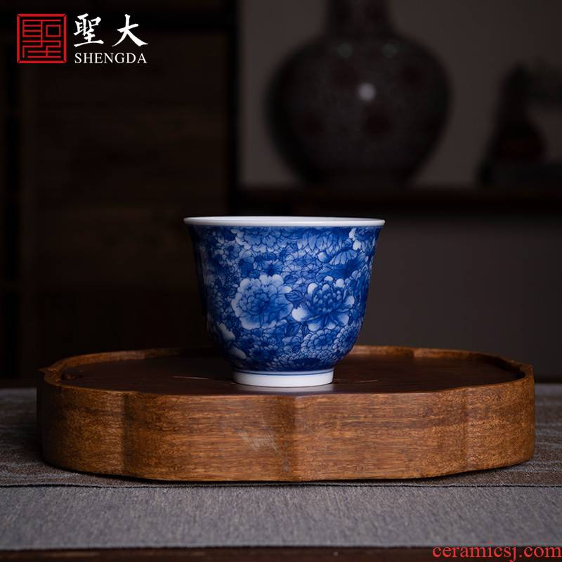 Holy big ceramic kung fu tea cup pure manual hand - made tea jingdezhen blue and white flowers for cui masters cup sample tea cup