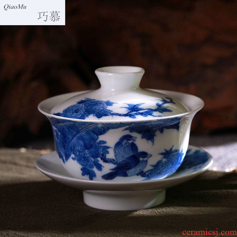 Qiao mu of jingdezhen blue and white porcelain painting of flowers and hand - made kung fu tea tureen of a complete set of kung fu tea tea set by hand