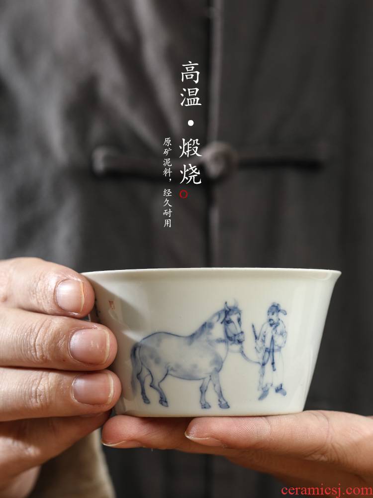 Jingdezhen blue and white master kung fu tea cup of pure manual sample tea cup single CPU hand - made big horse ceramic tea set