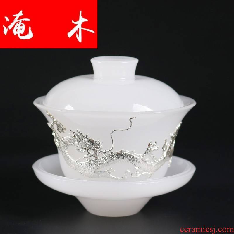 Submerged wood dehua white porcelain tea bowl creative silver longfeng only tureen white porcelain kung fu tea set of three
